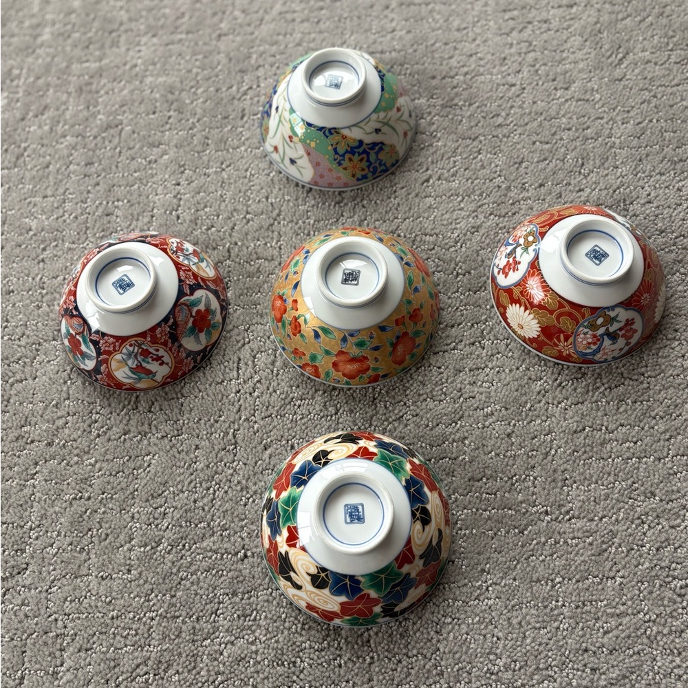 Lot Of 5 Japanese Porcelain Rice Soup Bowl Hand Painted Excellent Condition